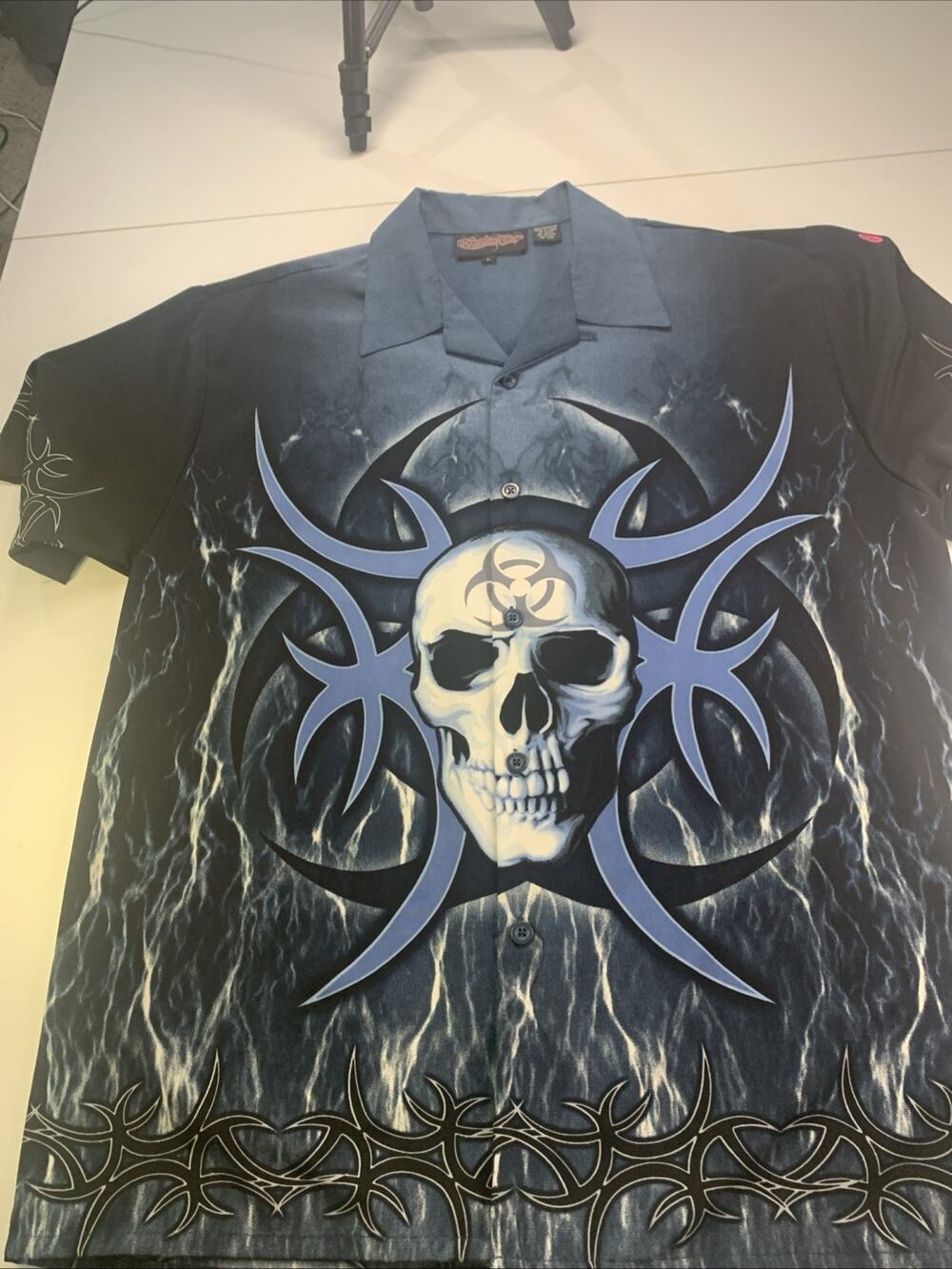 Vintage Y2K Sapphire Lounge Blue Biohazard Lightning Skull Goth Shirt Bikercore